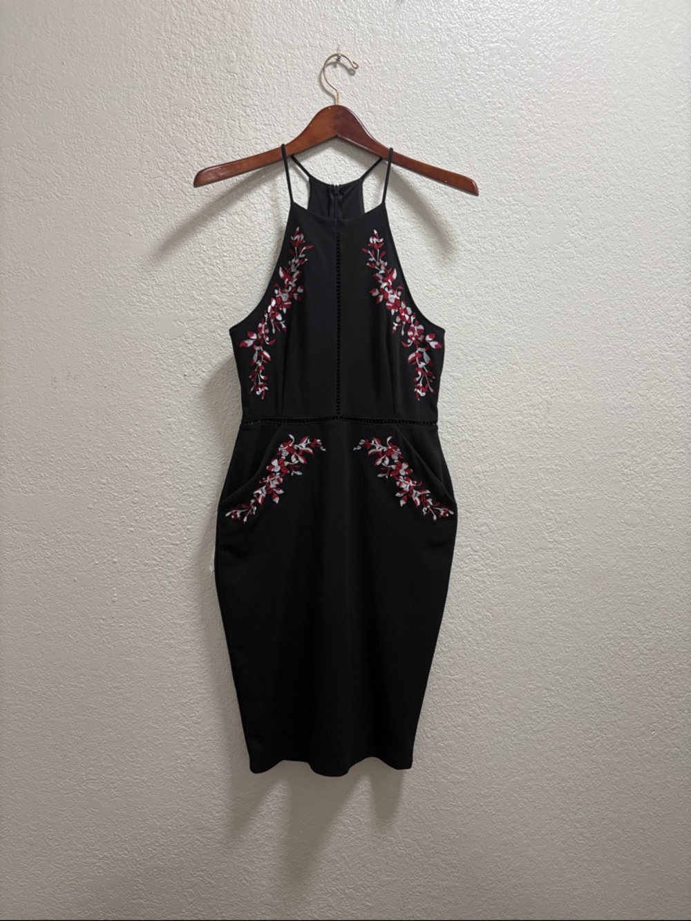 Bisou Bisou Black Halter Midi Dress with Red and Pink Floral Embroidery